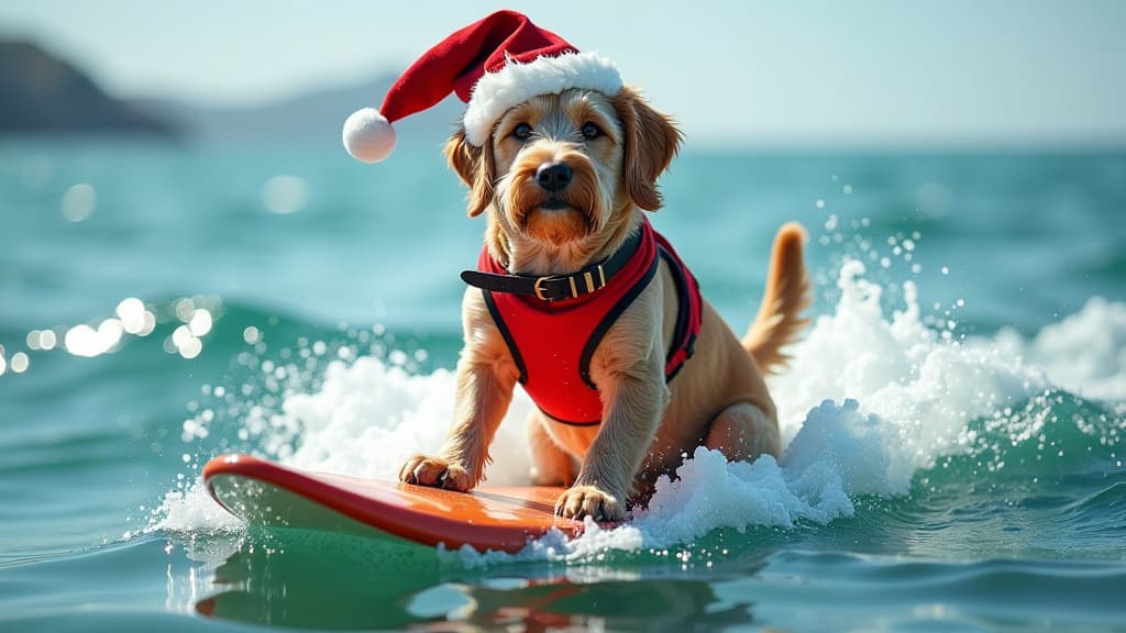  dog windsurfer wearing sant clause hat when on windsurfing in the sea {prompt}, maximum details