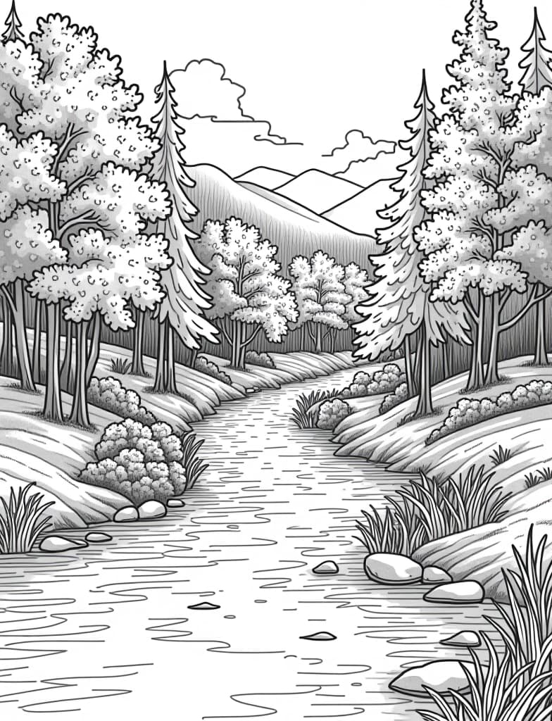  a peaceful river winding through a forest with autumn foliage, black and white line art on a white background, for an adult coloring page.