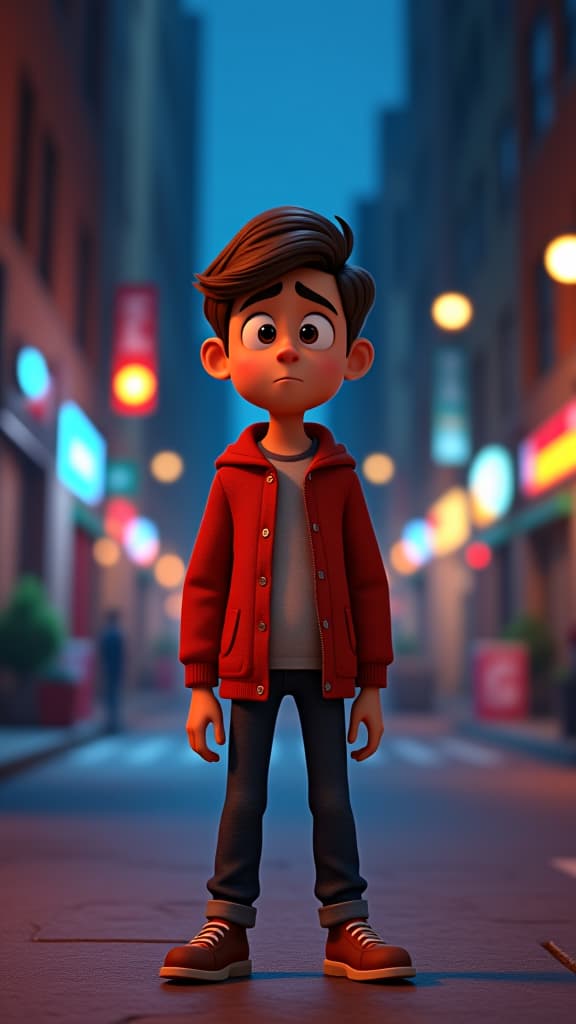  pixar style 3d animation, frustrated young man standing alone, dimly lit city street background, dynamic lighting, vibrant colors, detailed textures