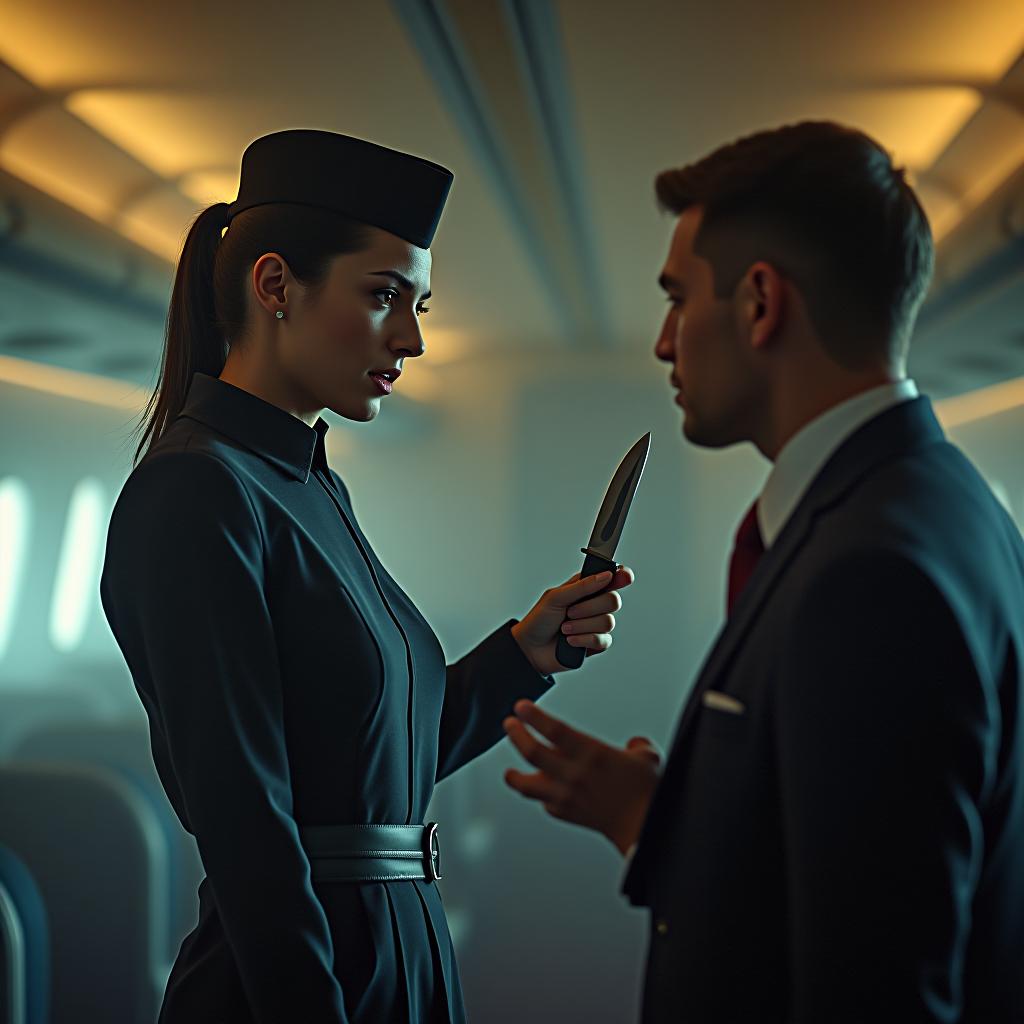  stewardess threatens another stewardess with a knife hyperrealistic, full body, detailed clothing, highly detailed, cinematic lighting, stunningly beautiful, intricate, sharp focus, f/1. 8, 85mm, (centered image composition), (professionally color graded), ((bright soft diffused light)), volumetric fog, trending on instagram, trending on tumblr, HDR 4K, 8K