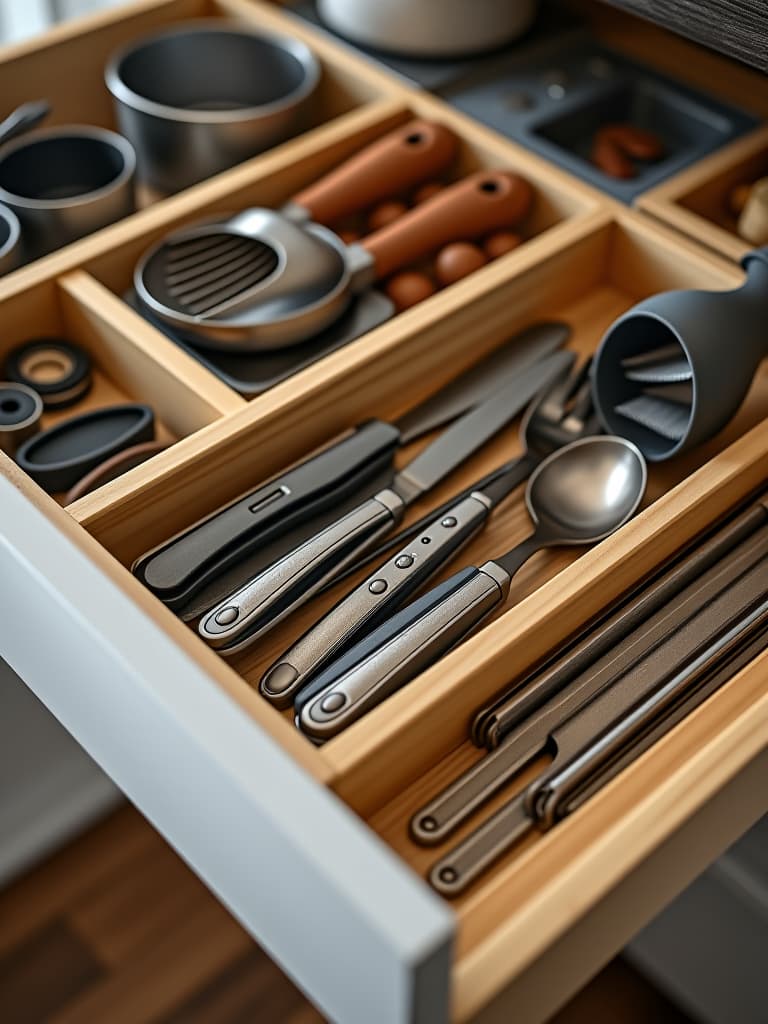  high quality portrait photo of a close up of a beautifully organized kitchen drawer with custom dividers, showcasing neatly arranged utensils, gadgets, and cooking tools hyperrealistic, full body, detailed clothing, highly detailed, cinematic lighting, stunningly beautiful, intricate, sharp focus, f/1. 8, 85mm, (centered image composition), (professionally color graded), ((bright soft diffused light)), volumetric fog, trending on instagram, trending on tumblr, HDR 4K, 8K