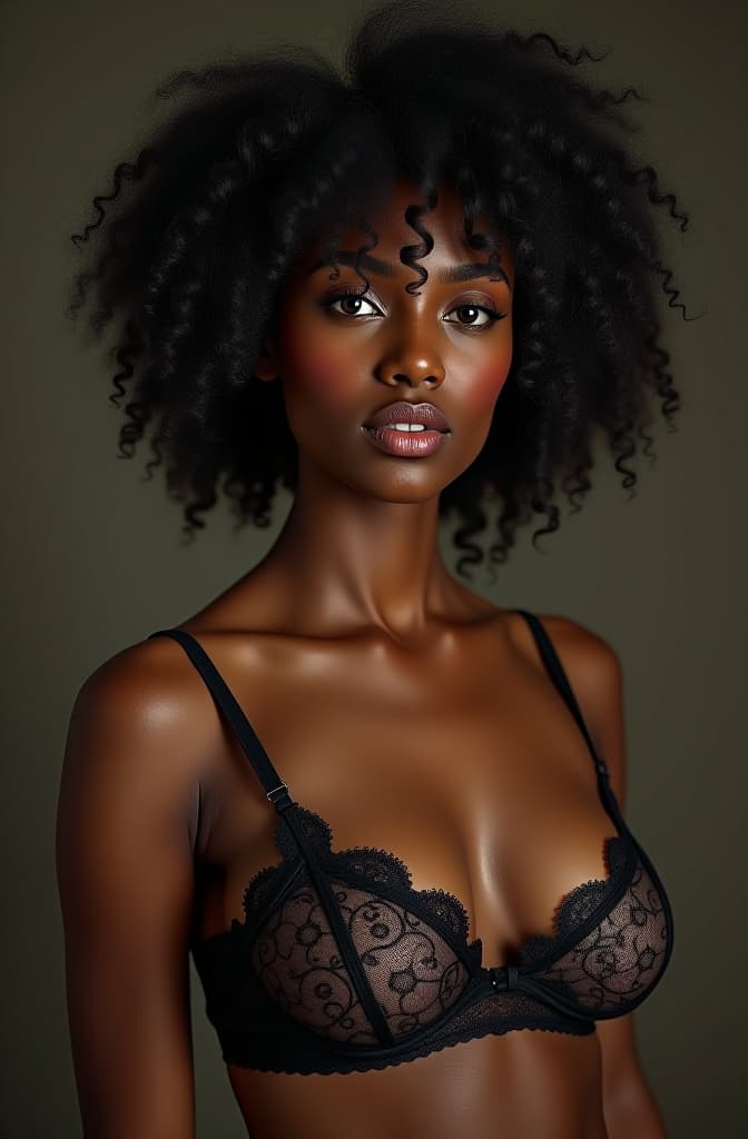  black woman, nerdy style, curly hair, ectomorph, in lingerie, realistic, portrait, art by donato giancola and greg rutkowski, realistic face, digital art, trending on artstation hyperrealistic, full body, detailed clothing, highly detailed, cinematic lighting, stunningly beautiful, intricate, sharp focus, f/1. 8, 85mm, (centered image composition), (professionally color graded), ((bright soft diffused light)), volumetric fog, trending on instagram, trending on tumblr, HDR 4K, 8K