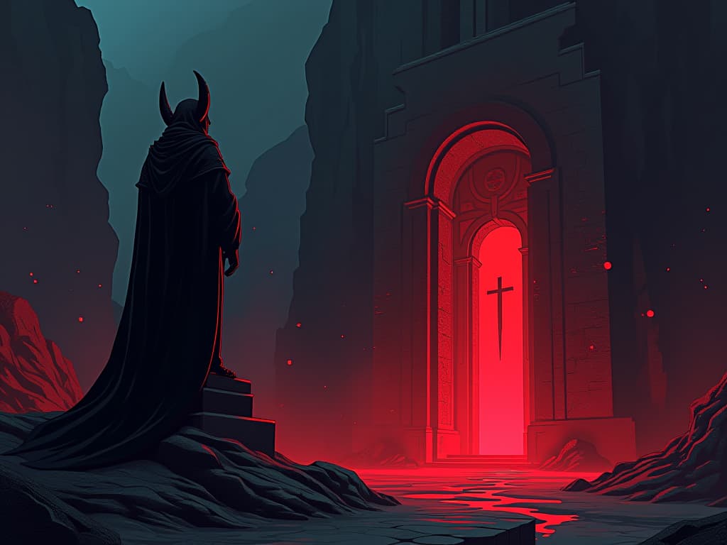  ancient guardian statue in red stone, towering beside a mystical gateway, eyes glowing subtly, aura of vigilant protection. the style is digital art illustration / modern comic book / graphic dark novel fantasy and mysterious occult, symbolic, moody lighting, esoteric vibe,high detail on character design. for the color scheme emphasize blacks and reds.