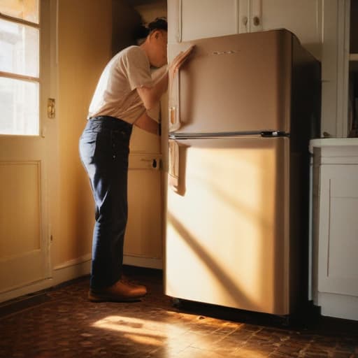 A photo of a skilled repair technician fixing a vintage refrigerator in a retro-inspired kitchen during late afternoon with warm, golden sunlight streaming through a nearby window, casting long shadows across the linoleum floor.