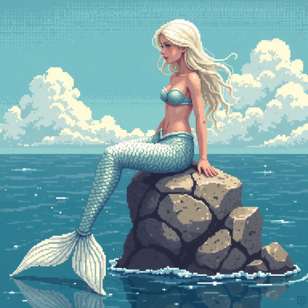  pixel art mosaic a mermaid with white hair and a long silver tail sits on a stone protruding from the water on the sea coast art deco . low res, blocky, pixel art style, 8 bit graphics