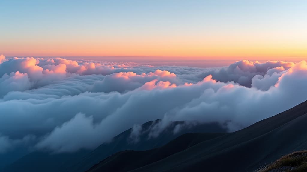  a panoramic shot of soft, fluffy clouds illuminated by the first light of dawn, the pastel colors of the sunrise blending into the sky, shot from a mountain peak, captured with a fujifilm gfx 100s, wide angle, pastel tones