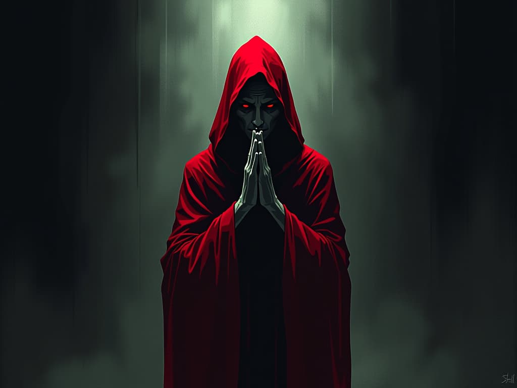  pleading figure dressed in red, hands clasped and eyes beseeching, standing in a dimly lit room, atmosphere of desperation and hope. the style is digital art illustration / modern comic book / graphic dark novel fantasy and mysterious occult, symbolic, moody lighting, esoteric vibe,high detail on character design. for the color scheme emphasize blacks and reds.