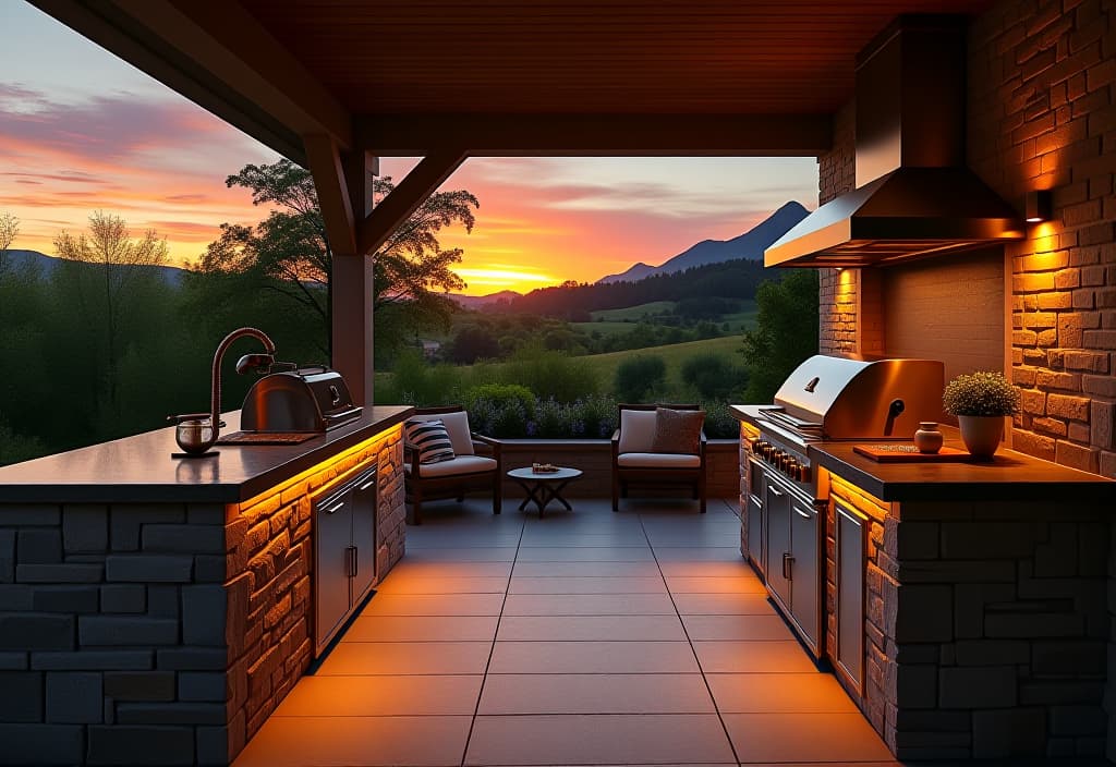  a landscape photo of a stunning outdoor kitchen at sunset, featuring a stainless steel grill, stone countertops, and ambient lighting, with a lush garden backdrop hyperrealistic, full body, detailed clothing, highly detailed, cinematic lighting, stunningly beautiful, intricate, sharp focus, f/1. 8, 85mm, (centered image composition), (professionally color graded), ((bright soft diffused light)), volumetric fog, trending on instagram, trending on tumblr, HDR 4K, 8K