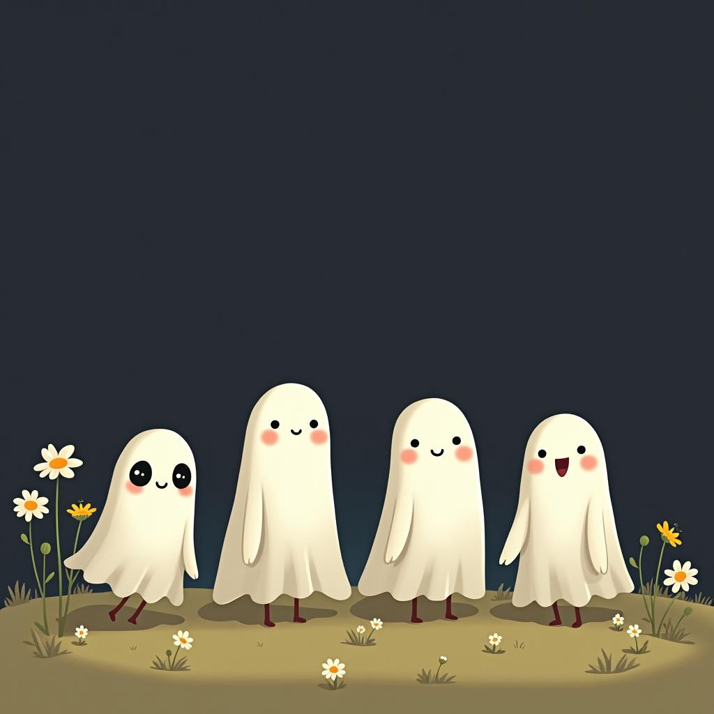  create a digital illustration featuring a row of four or five cute, cartoonish ghost characters, each with a different appearance, standing in different positions within sparse, life like wildflowers.