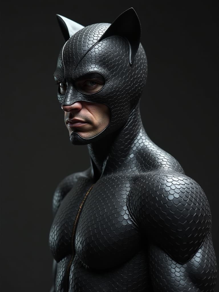  real cat man wear cat mask ((black color)))). jumpsuit black micro scales textured latex mini scale hexagon . male hero. black beige. black color . concept form daredevil marvel.marvel . very detail.