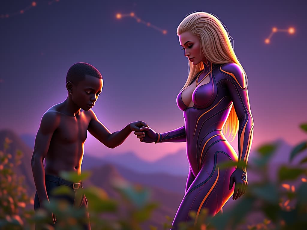  subject is a large busted attractive arian blonde humanoid displaying mively explosive age dd , high tech clothing clad in sleek, futuristic costume with metallic accents and form fitting designs, prely in violet and amber hues; venutian background with a distinct constellation representing arcturians; unreal engine rendering. she is lending a helping hand to an emaciated african doing some basic gardening work.