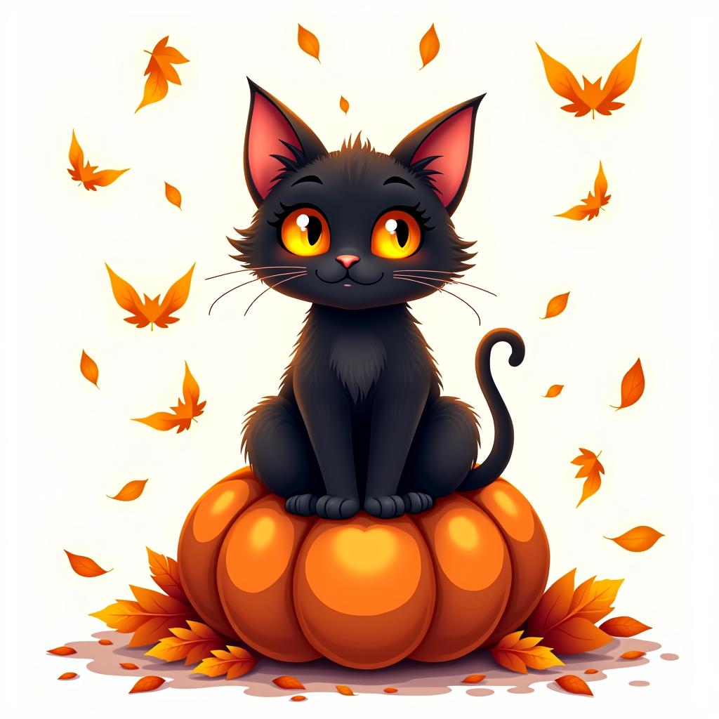  a cute black cat with glowing eyes sitting on a pumpkin, surrounded by swirling autumn leaves in a whimsical style, with warm, moody lighting. t shirt design, vector, contour, white background, no mockup hyperrealistic, full body, detailed clothing, highly detailed, cinematic lighting, stunningly beautiful, intricate, sharp focus, f/1. 8, 85mm, (centered image composition), (professionally color graded), ((bright soft diffused light)), volumetric fog, trending on instagram, trending on tumblr, HDR 4K, 8K