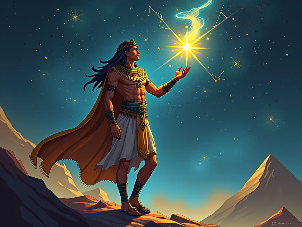  a celestial navigator on a galactic journey, guided by starlight, surrounded by constellations, his path illuminated by mystical symbols, encapsulating timeless wisdom. the style is digital art illustration / modern comic book / mysterious occult, symbolic, esoteric vibe,high detail on character design, incorporating ancient egyptian symbology and attire.