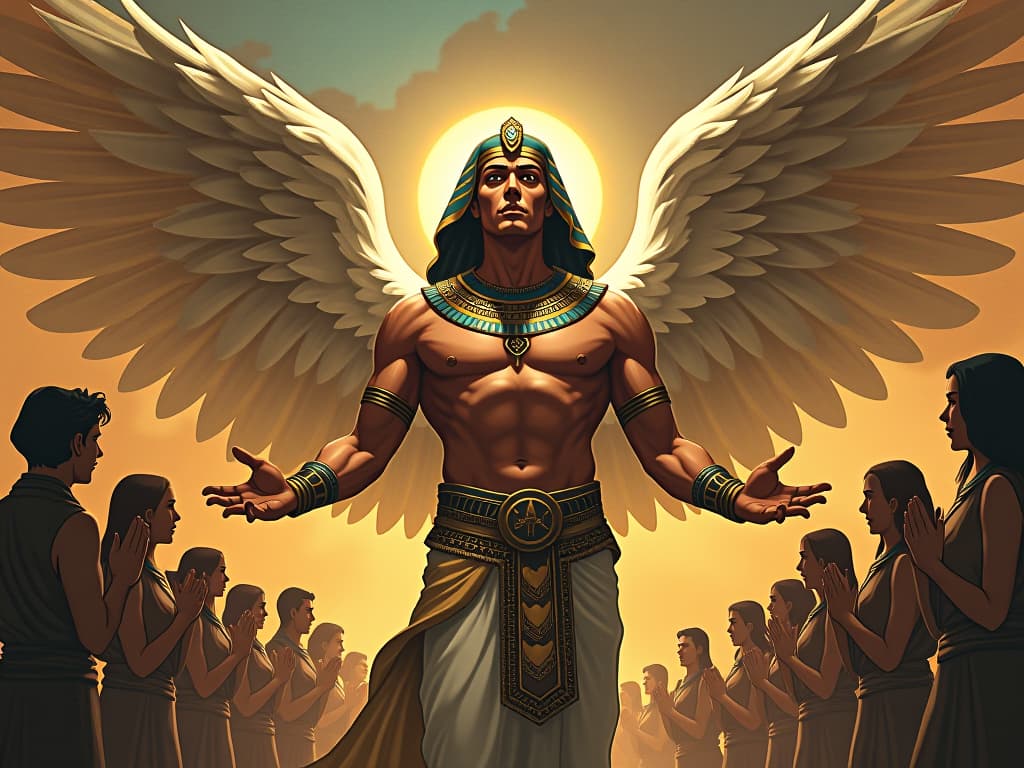  large busted angelic figure, surrounded by grateful followers, symbolizing profound impact and angelic nature. the style is digital art illustration / modern comic book / mysterious occult, symbolic, esoteric vibe,high detail on character design, incorporating ancient egyptian symbology and attire.