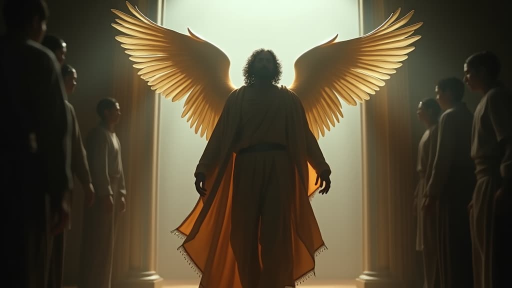  history of biblical times, the angels pulling lot back inside, shielding him from the mob outside the door. hyperrealistic, full body, detailed clothing, highly detailed, cinematic lighting, stunningly beautiful, intricate, sharp focus, f/1. 8, 85mm, (centered image composition), (professionally color graded), ((bright soft diffused light)), volumetric fog, trending on instagram, trending on tumblr, HDR 4K, 8K