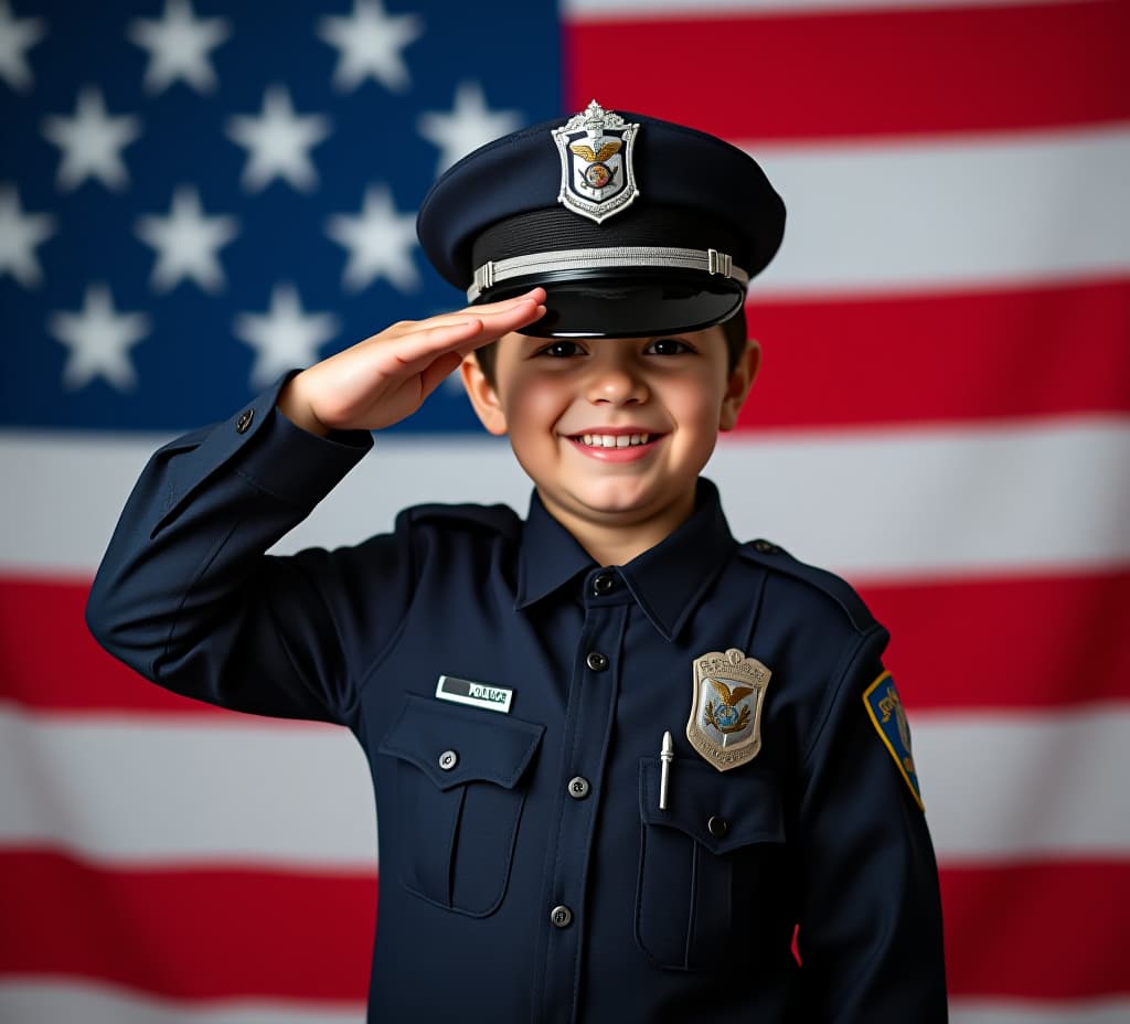  proud american child saluting in police officer uniform with patriotic background