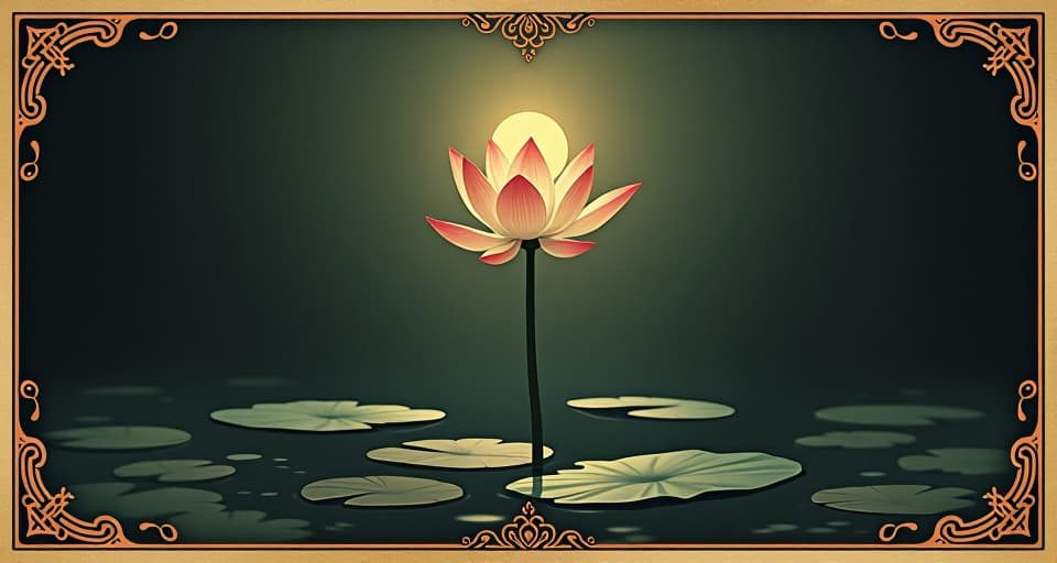  lotus flower, solitary in the middle of dark waters, emanating light, with celestial reflection, ethereal, transcendent.. an illustration in the style of a worn, mystical old tarot trump card, mysterious and elements of surrealism. the colors are muted, somber and eerie, but with contrast bring out an occult and esoteric vibe.