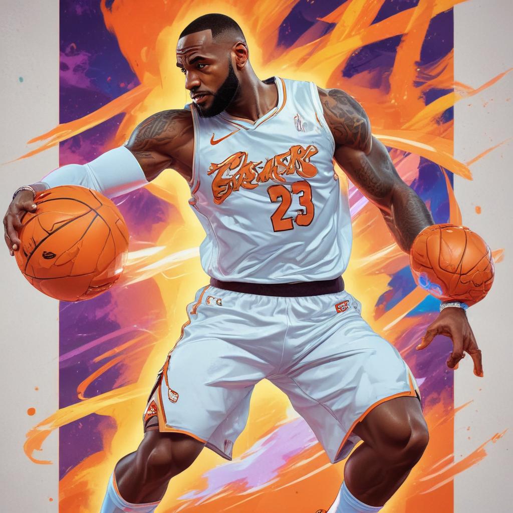 distance-shot, flashy, full-body, dynamic, holographic, animated cartoon poster of lebron james in the style of dragon ball super