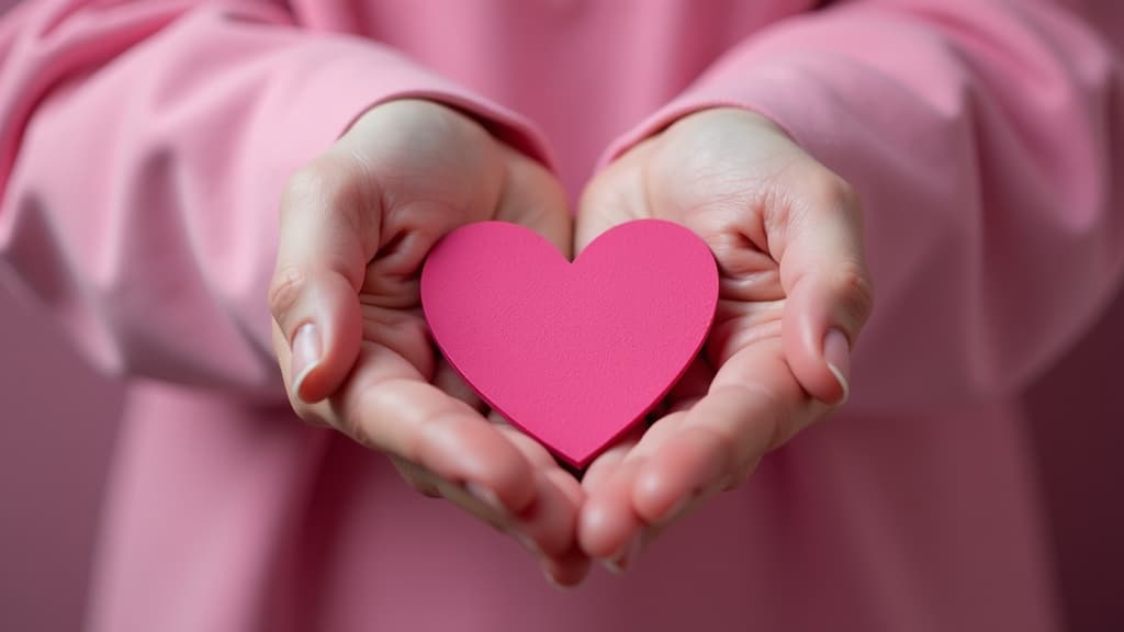  professional detailed photography, hands holding pink heart, october pink day, world cancer day , (muted colors, dim colors, soothing tones), (vsco:0.3)