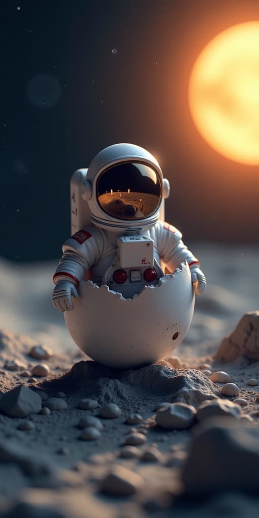  a tiny astronaut hatching from an egg on the moon, stars, sun, high quality, high details, hd, perfect composition, 4k epic detailed, highly detailed, sharp focus, high resolution