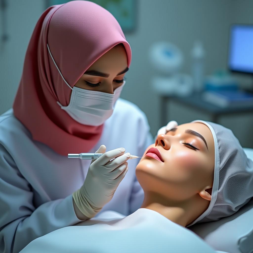  a girl cosmetologist in a hijab is injecting botox into a patient in a treatment room, everything is shiny and beautiful.