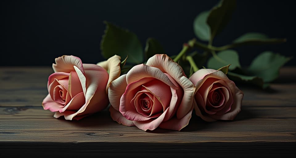  slightly wilted roses on a dark wooden table, dim light, somber, fragile. an illustration in the style of a worn, mystical old tarot trump card, mysterious and elements of surrealism. the colors are muted, somber and eerie, but with contrast bring out an occult and esoteric vibe.