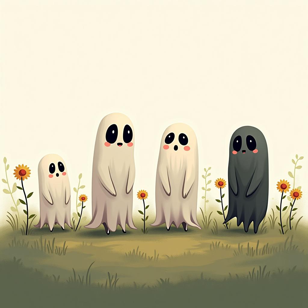  create a digital illustration featuring a row of four or five cute, cartoonish ghost characters, each with a different appearance, standing in different positions within sparse, life like wildflowers.