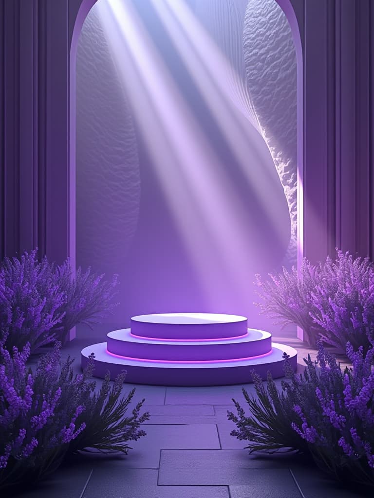  3d rendering of a podium for product demonstrations, magic mystical atmosphere, lavender bushes, interesting soft violet light, esoteric