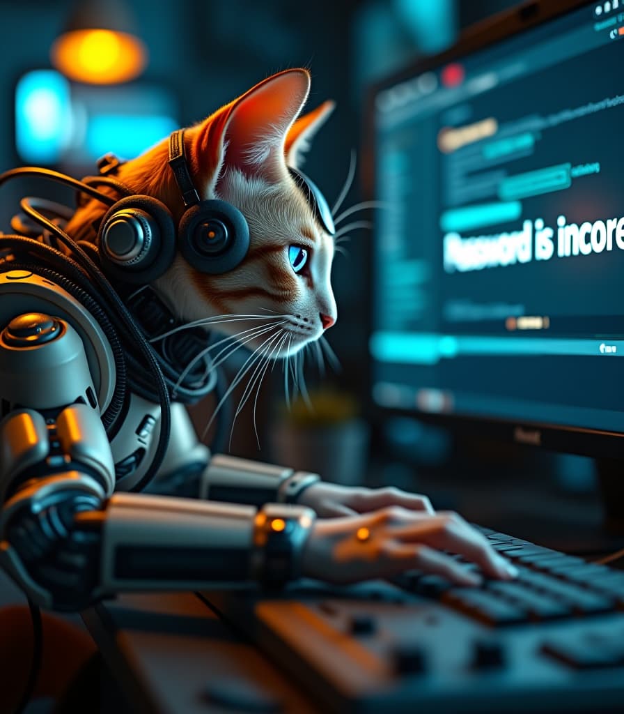  biomechanical style a cyborg cat with numerous technical devices is typing on a computer keyboard, on a monitor screen the text in large bold "password is incorrect", high detail, high resolution, detailed skin, detailed eyes, detailed wires and leds, detailed background, cinematic, depth of field, hyper realism, many small details, perfect composition and foreshortening. . blend of organic and mechanical elements, futuristic, cybernetic, detailed, intricate hyperrealistic, full body, detailed clothing, highly detailed, cinematic lighting, stunningly beautiful, intricate, sharp focus, f/1. 8, 85mm, (centered image composition), (professionally color graded), ((bright soft diffused light)), volumetric fog, trending on instagram, trending on tumblr, HDR 4K, 8K