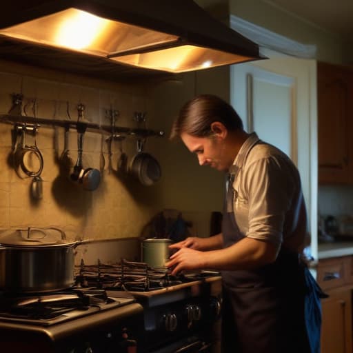 A photo of a skilled technician repairing a vintage stove in a dimly lit and cozy kitchen during early evening. The warm, soft glow of a single pendant light overhead casts intricate shadows, highlighting the technician's focused expression and hands delicately working on the intricate inner mechanisms of the stove.