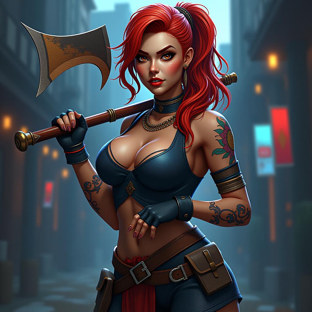  gta style artwork a woman with red hair holding an axe, by arthur pan, fantasy art, wow 4 k detail fantasy, barbarian celebrate his birthday, unreal engine : : rave makeup, fierce look . satirical, exaggerated, pop art style, vibrant colors, iconic characters, action packed hyperrealistic, full body, detailed clothing, highly detailed, cinematic lighting, stunningly beautiful, intricate, sharp focus, f/1. 8, 85mm, (centered image composition), (professionally color graded), ((bright soft diffused light)), volumetric fog, trending on instagram, trending on tumblr, HDR 4K, 8K