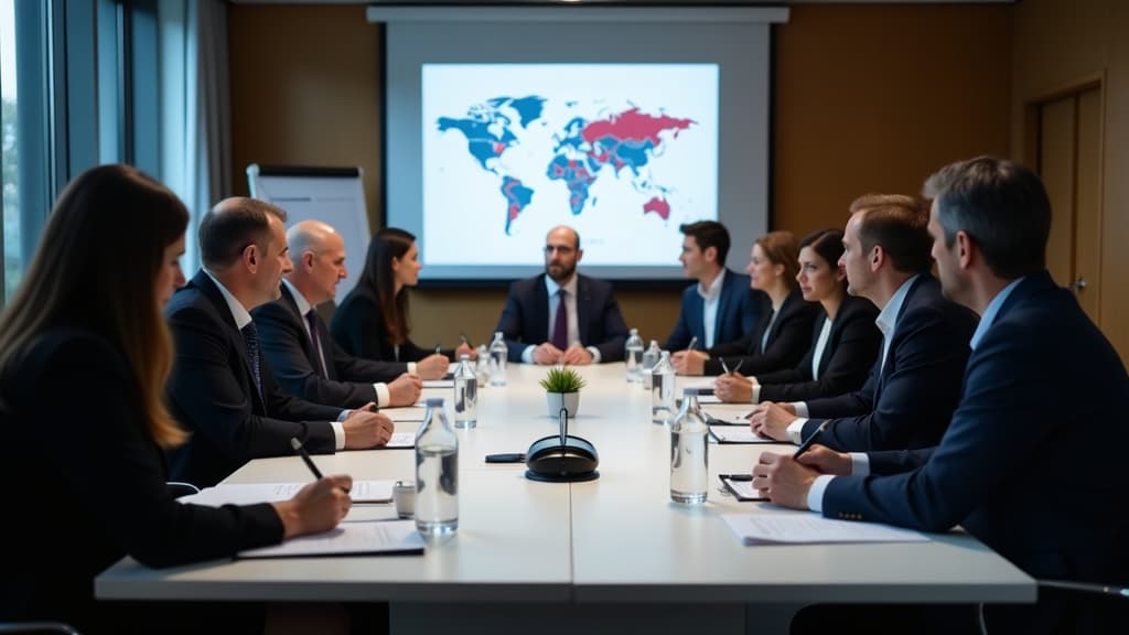  create an image that captures the essence of the latest developments in international business law. the scene should feature a group of diverse professionals, including lawyers, legal department staff, and notaries, engaged in a seminar focused on european corporate and economic law. the setting should exude a professional and academic atmosphere, with a large conference table at the center surrounded by attendees taking notes and engaging in discussions. incorporate elements that represent the