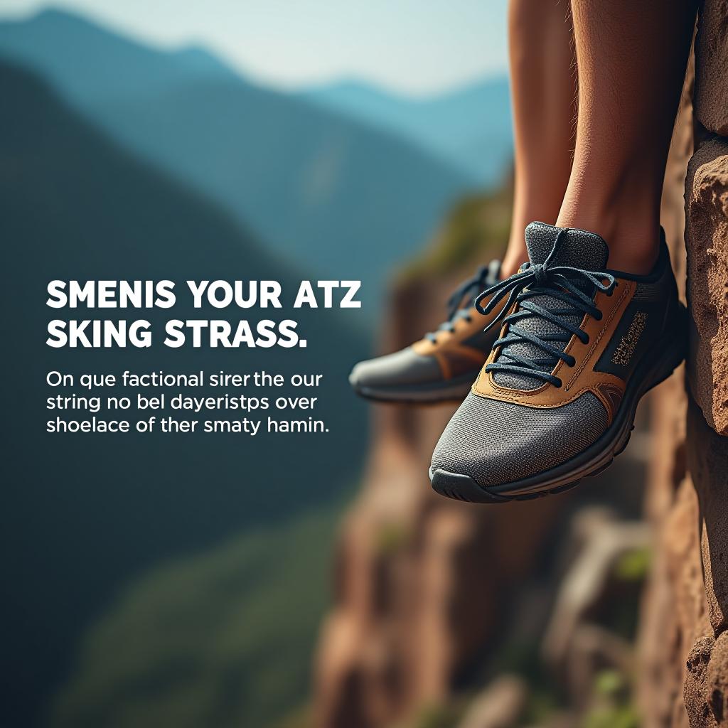  advertising shoelaces, showcasing their strength with a close up photo of the laces that a person is hanging onto above a cliff.