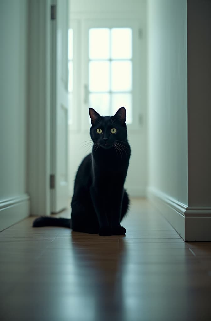  black cat on the parket floor, white walls hyperrealistic, full body, detailed clothing, highly detailed, cinematic lighting, stunningly beautiful, intricate, sharp focus, f/1. 8, 85mm, (centered image composition), (professionally color graded), ((bright soft diffused light)), volumetric fog, trending on instagram, trending on tumblr, HDR 4K, 8K