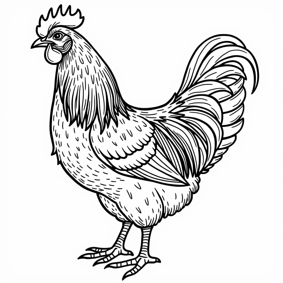  a coloring book page, white background, showing a detailed illustration of a chicken, with intricate linework and a simple outline, ready for coloring.