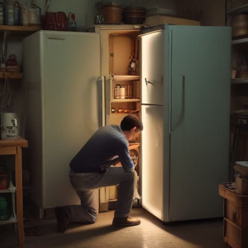 A photo of a skilled technician repairing a vintage refrigerator in a dimly lit, cluttered garage during the early evening.