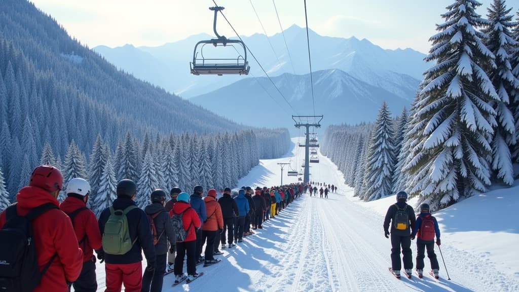  prompt: create a hyper realistic image capturing the bustling scene at a ski lift in whistler after a heavy snowfall. show a long line of excited skiers waiting eagerly, their eyes gleaming with anticipation. include the majestic peaks of whistler in the background, covered in thick flakes of snow, with glistening trees under the sunlight. ensure the image exudes a sense of electric atmosphere, highlighting the pulsating energy and excitement of the skiers. incorporate precise organization at th