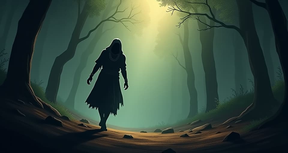  a fleeing figure, shadowed forest, reality catching up, aura of inevitable confrontation, essence of desperation. the style is digital art illustration / modern comic book / mysterious occult, symbolic, esoteric vibe,high detail on character design, incorporating ancient egyptian symbology and attire.