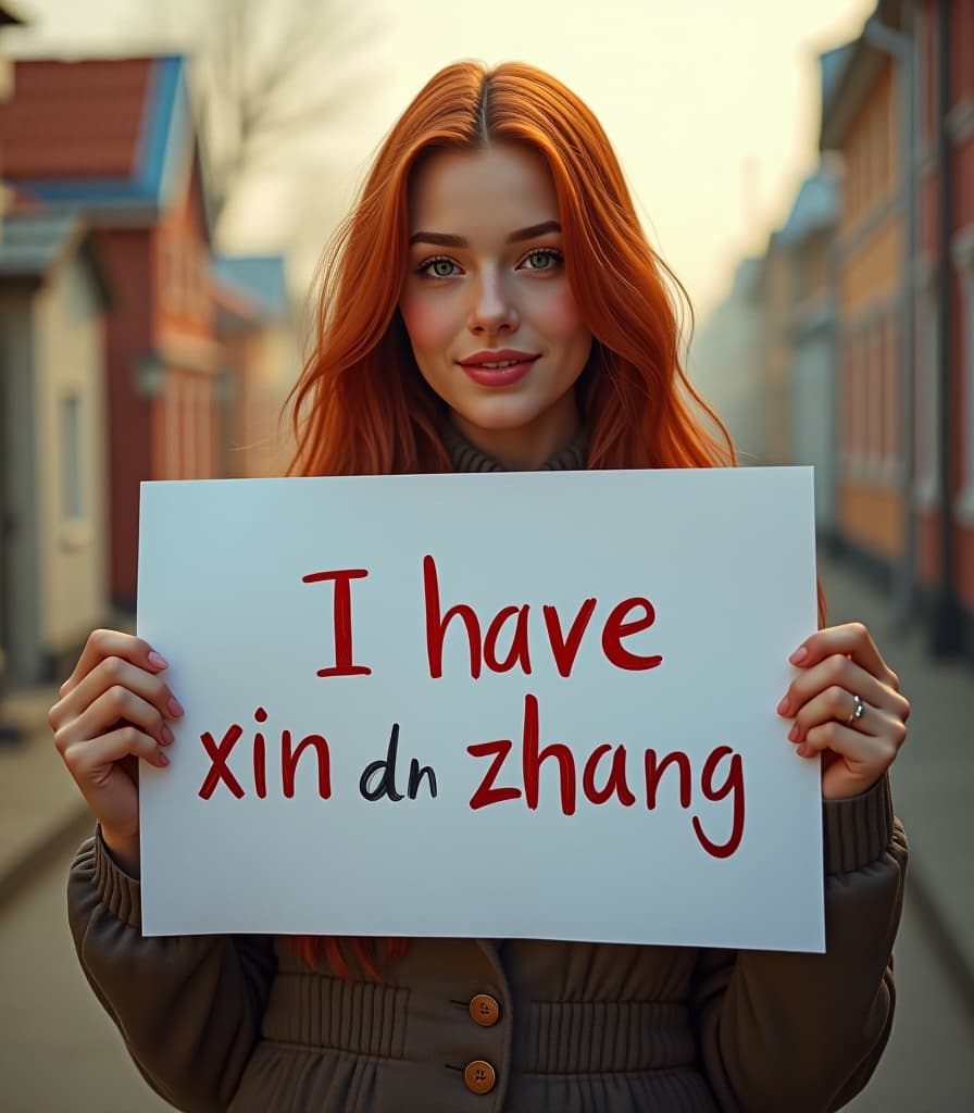  russian town, beautiful girls holding a poster [love sign] (with text “i have xin ban zhang"), red hair, hyper realistic, 4k