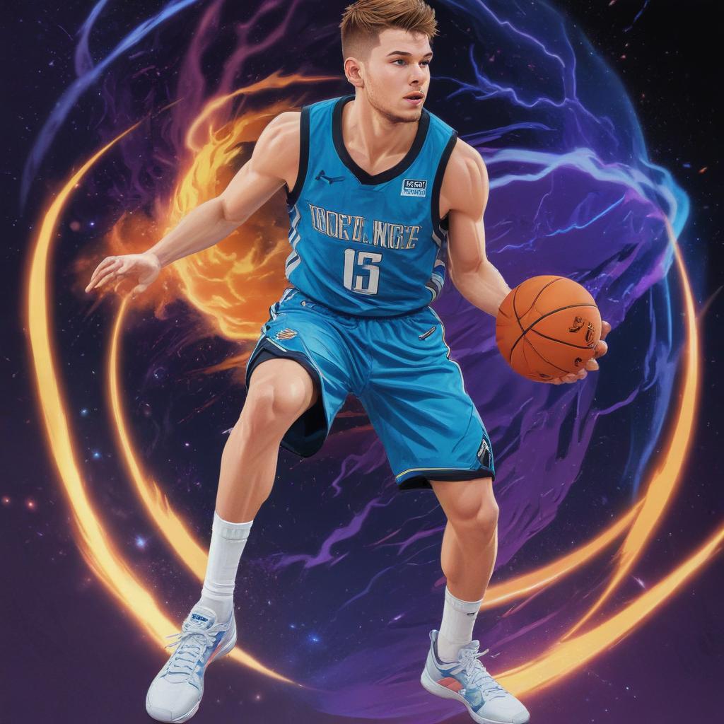 distance-shot, flashy, full-body, dynamic, holographic, animated cartoon poster of luka doncic in the style of dragon ball super