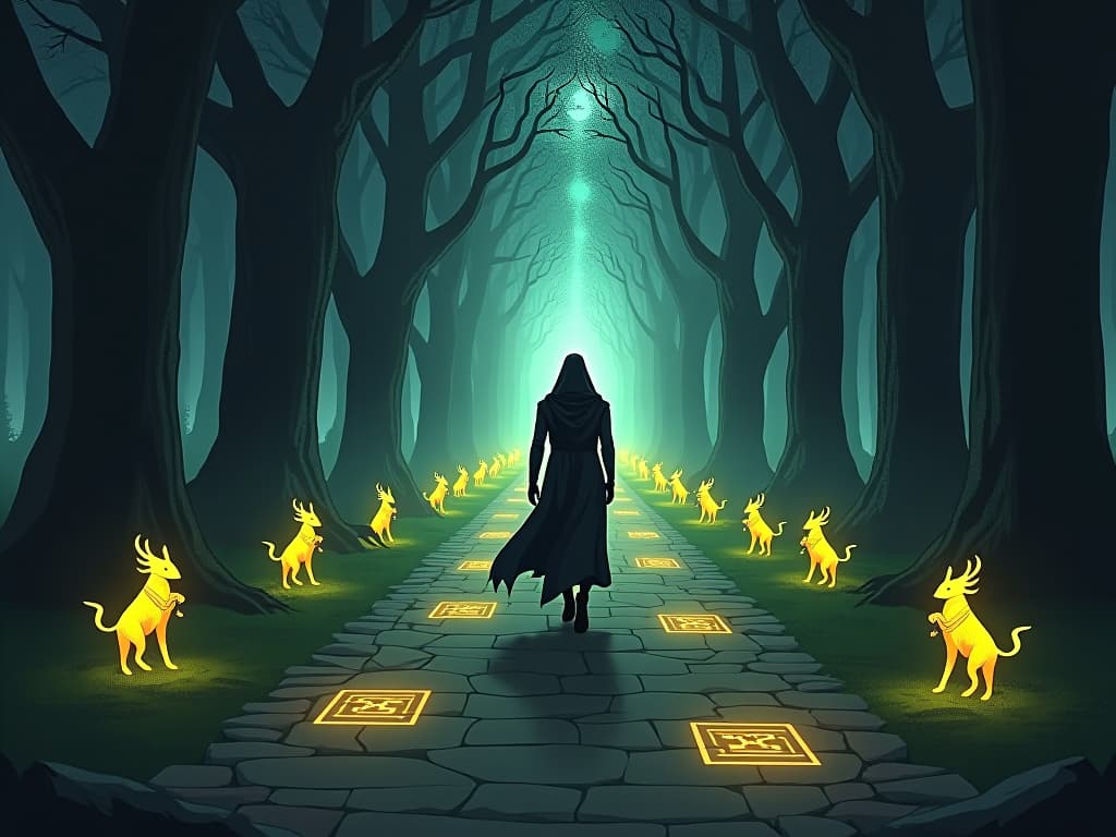  illuminated pathway through an ancient forest, lined with glowing runes, a figure cloaked in mystic garb walking steadily, a soft luminescent glow guiding the way. the style is digital art illustration / modern comic book / mysterious occult, symbolic, esoteric vibe,high detail on character design, incorporating ancient egyptian symbology and attire.