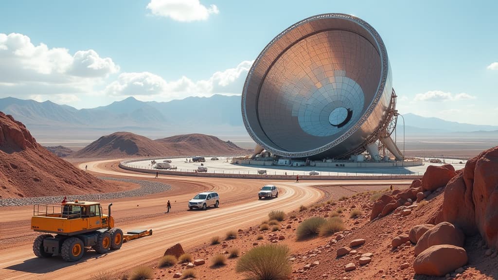  prompt: create an ultra detailed and hyper realistic image showcasing the construction progress of the eso extremely large telescope (elt) on cerro armazones in the chilean atacama desert. the focal point should be the 39 meter diameter main mirror, composed of 798 hexagonal segments, with over 70% of the blanks and supports already manufactured. the image should feature the telescope dome taking shape in the background, surrounded by a bustling construction site with workers assembling componen