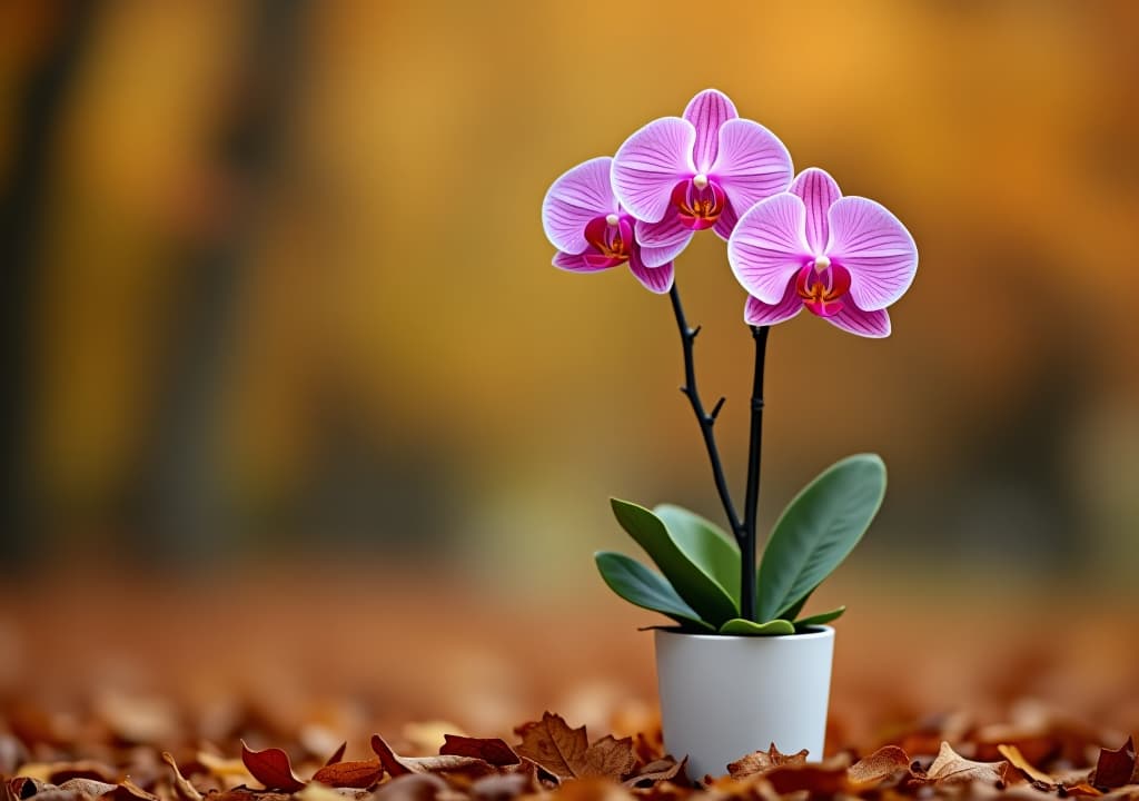  a pink orchid in a white pot on the ground in autumn with a blur effect background