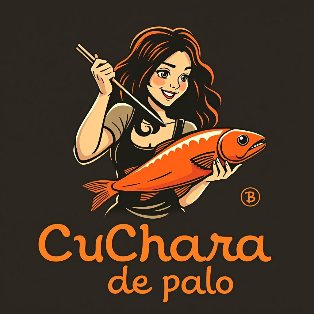  design a logo, una mujer moviendo con una cuchara de palo una olla con comida , with the text 'cuchara de palo'.