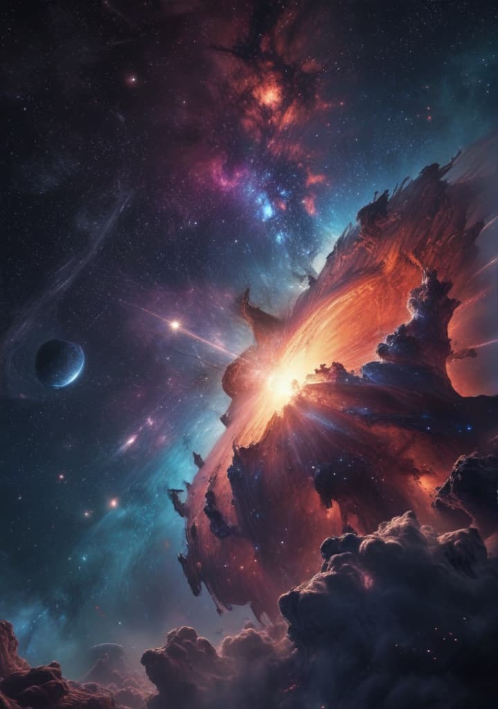 Illustrate a breathtaking cosmic scene with galaxies, nebulae, and distant stars. highly detailed,studio lighting,professional,vivid colors, cinematic lighting, HDR, UHD, 4K, 8k, 64K