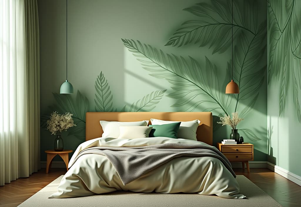  a landscape photo of a serene bedroom scene with a nature inspired wallpaper featuring delicate leaf patterns in soothing green tones hyperrealistic, full body, detailed clothing, highly detailed, cinematic lighting, stunningly beautiful, intricate, sharp focus, f/1. 8, 85mm, (centered image composition), (professionally color graded), ((bright soft diffused light)), volumetric fog, trending on instagram, trending on tumblr, HDR 4K, 8K