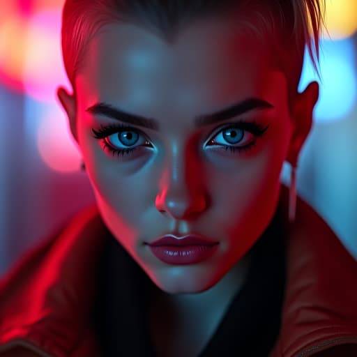  ultra realistic close up portrait ((beautiful pale cyberpunk female with heavy black eyeliner)), blue eyes, shaved side haircut, hyper detail, cinematic lighting, magic neon, dark red city, canon eos r3, nikon, f/1.4, iso 200, 1/160s, 8k, raw, unedited, symmetrical balance, in frame, 8k hyperrealistic, full body, detailed clothing, highly detailed, cinematic lighting, stunningly beautiful, intricate, sharp focus, f/1. 8, 85mm, (centered image composition), (professionally color graded), ((bright soft diffused light)), volumetric fog, trending on instagram, trending on tumblr, HDR 4K, 8K