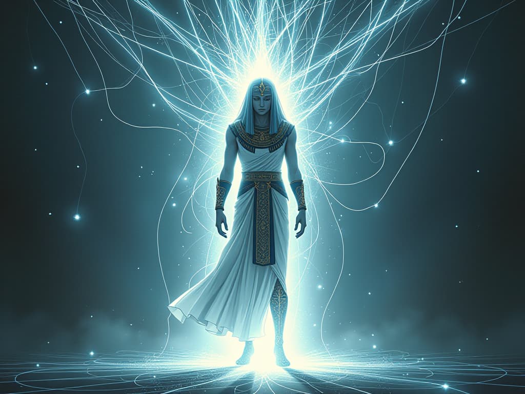  ethereal representation of a human figure dissolving into a field of interconnected white light threads, symbolizing the oneness of existence. the style is digital art illustration / modern comic book / mysterious occult, symbolic, esoteric vibe,high detail on character design, incorporating ancient egyptian symbology and attire.