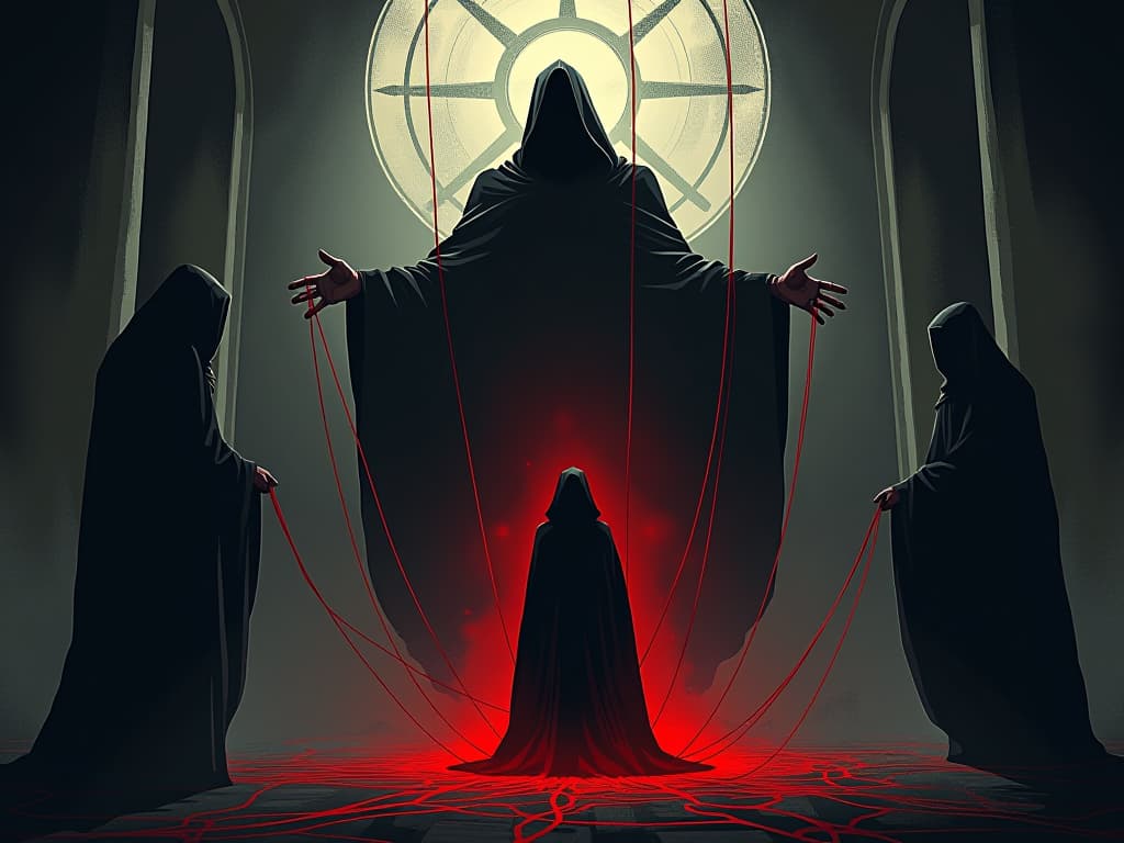  figures plotting in shadows, red threads weaving a net, subject caught in center, sense of betrayal and insidious scheme. the style is digital art illustration / modern comic book / graphic dark novel fantasy and mysterious occult, symbolic, moody lighting, esoteric vibe,high detail on character design. for the color scheme emphasize blacks and reds.