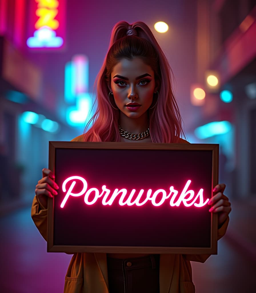  lana del ray holding a "pornworks" sign,night street, cyberpunk hyperrealistic, full body, detailed clothing, highly detailed, cinematic lighting, stunningly beautiful, intricate, sharp focus, f/1. 8, 85mm, (centered image composition), (professionally color graded), ((bright soft diffused light)), volumetric fog, trending on instagram, trending on tumblr, HDR 4K, 8K